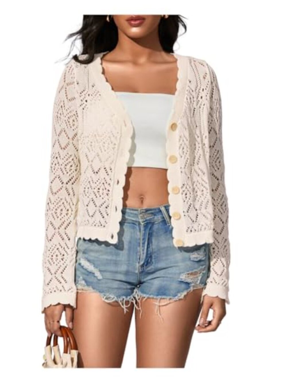 Crochet Hollow Out Cardigan Sweater Button Front V Neck Long Sleeve Knit Crop